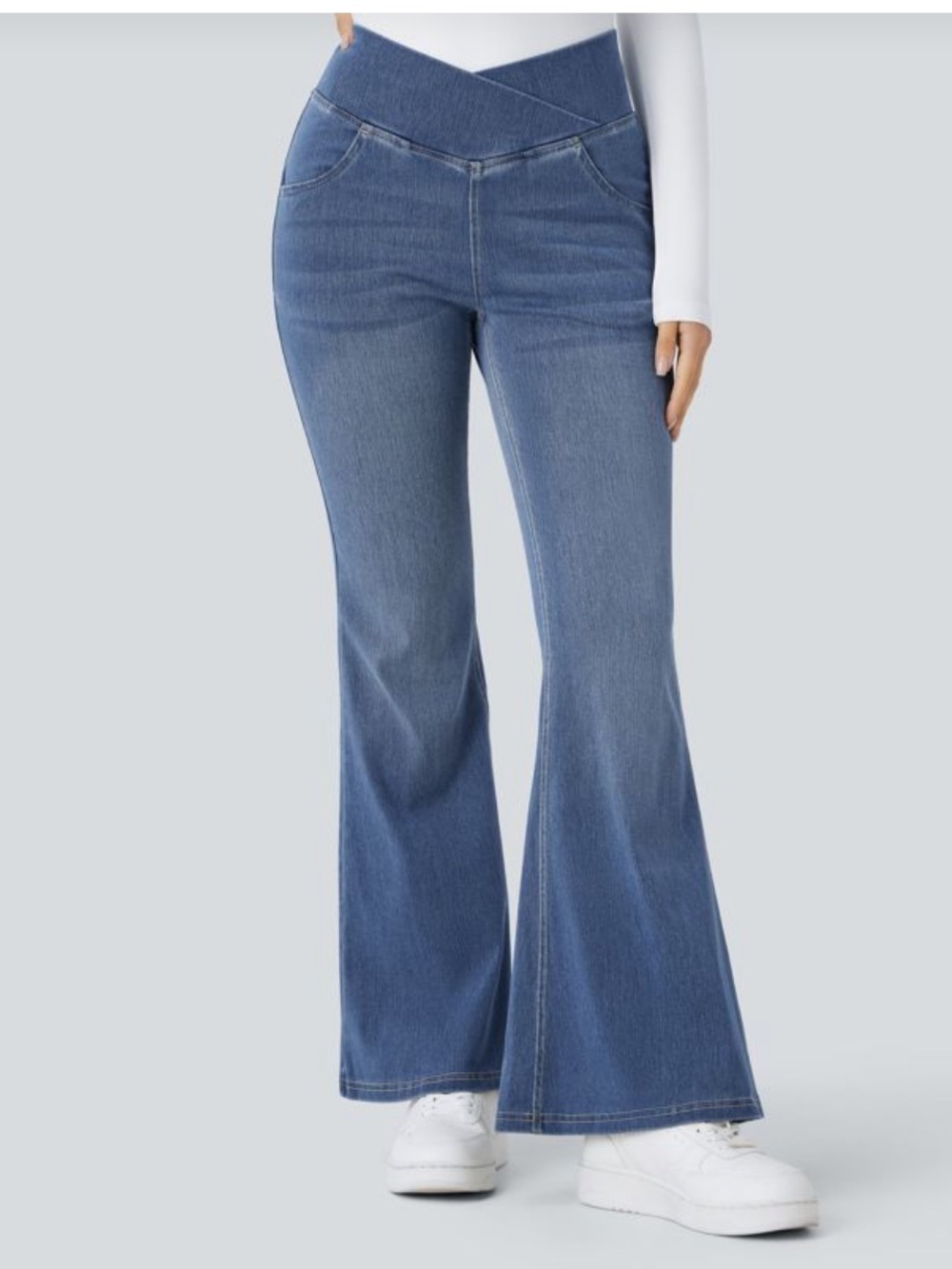 Halara Flex™ High Waisted Crossover Pocket Washed Casual Flare Jeans, Medium